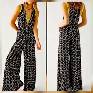 Free People Shayna Halter Wide Leg Black and White Floral Jumpsuit
